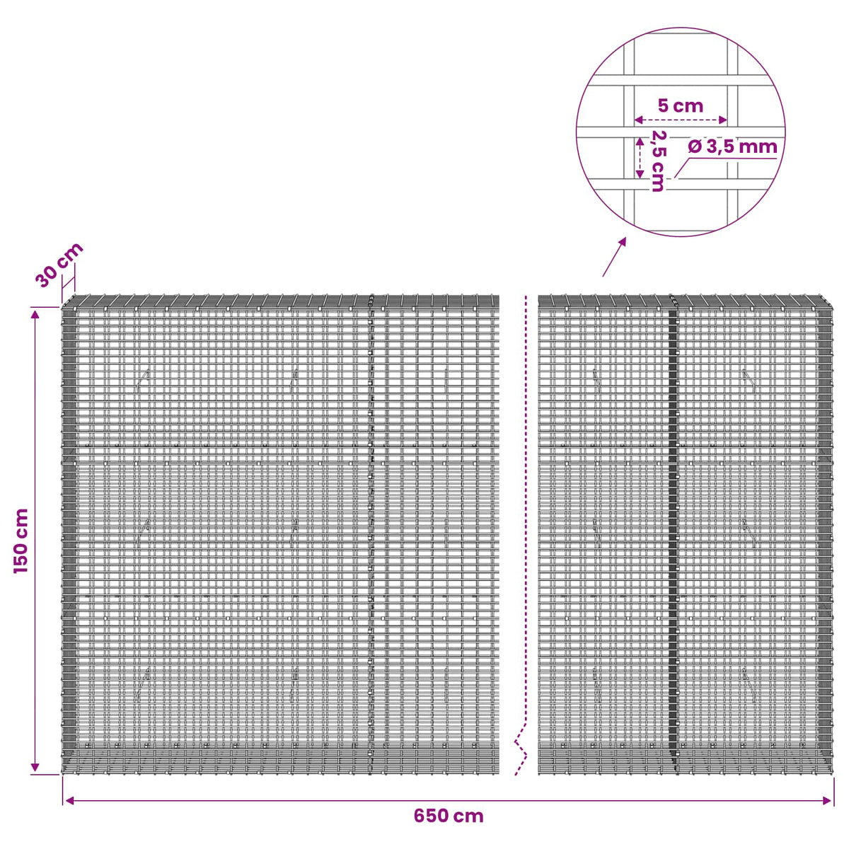 Gabion with 3.5 mm Wire and 5x2.5 cm Mesh 650x30x150 cm