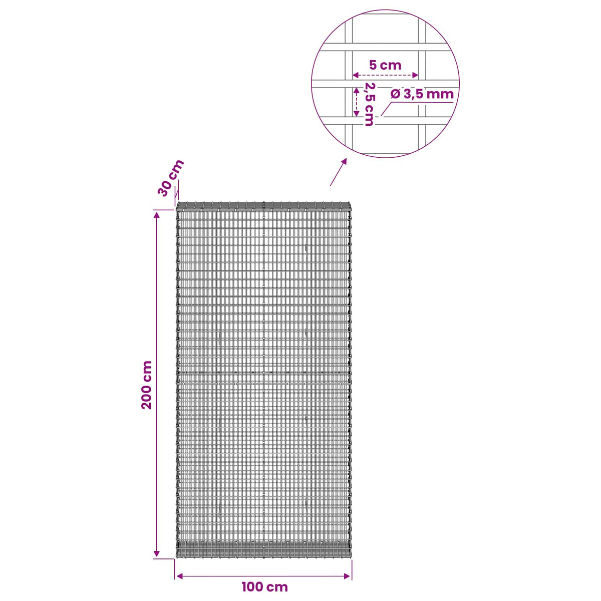 Gabion with 3.5 mm Wire and 5x2.5 cm Mesh 100x30x200 cm