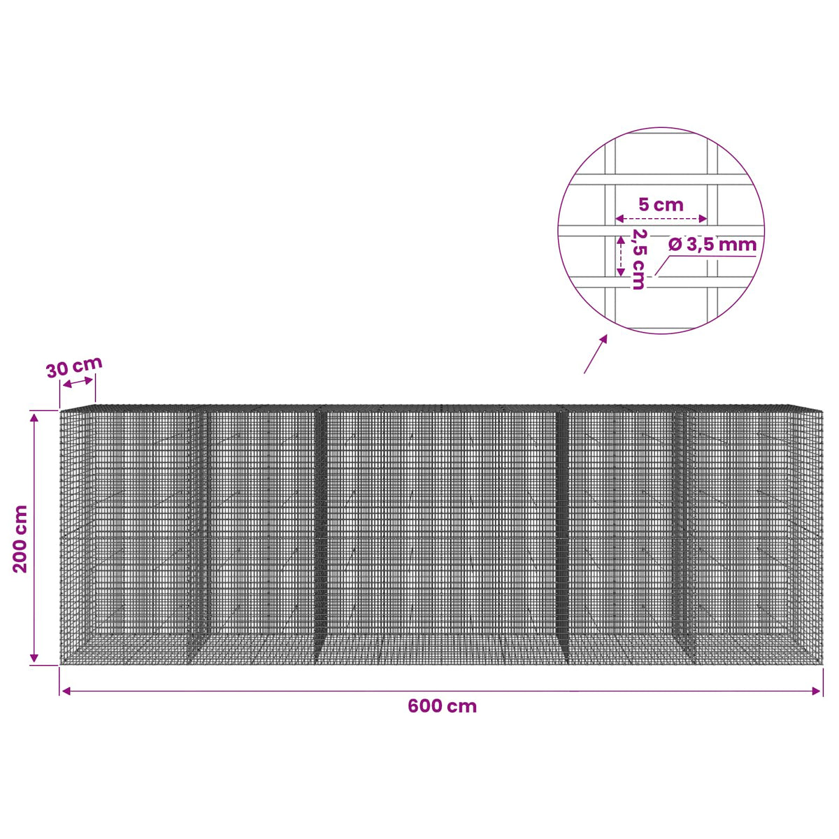 Gabion with 3.5 mm Wire and 5x2.5 cm Mesh 600x30x200 cm