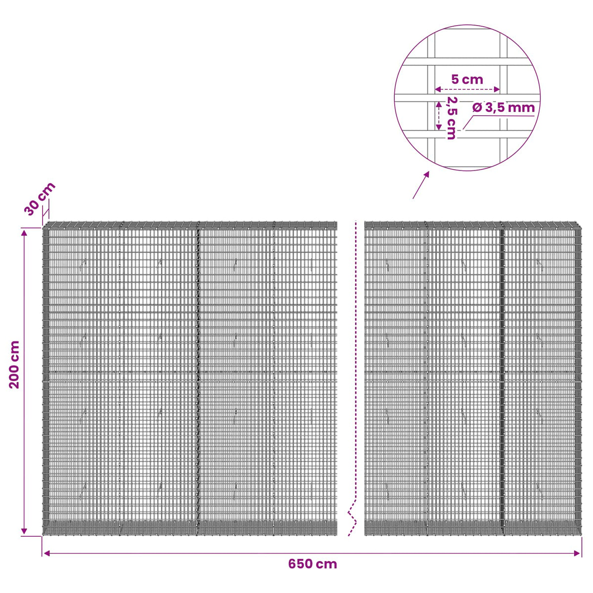 Gabion with 3.5 mm Wire and 5x2.5 cm Mesh 650x30x200 cm