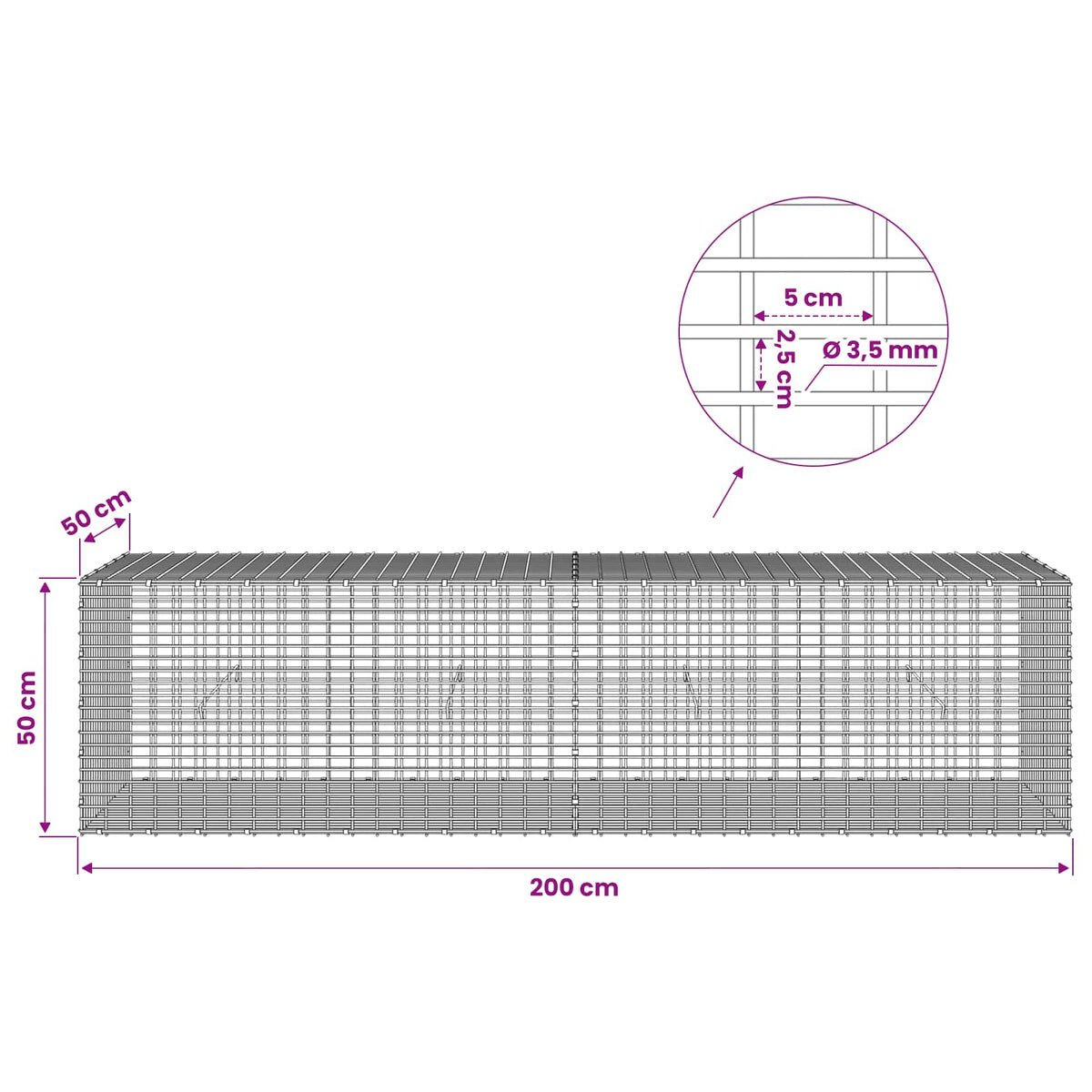 Gabion with 3.5 mm Wire and 5x2.5 cm Mesh 200x50x50 cm