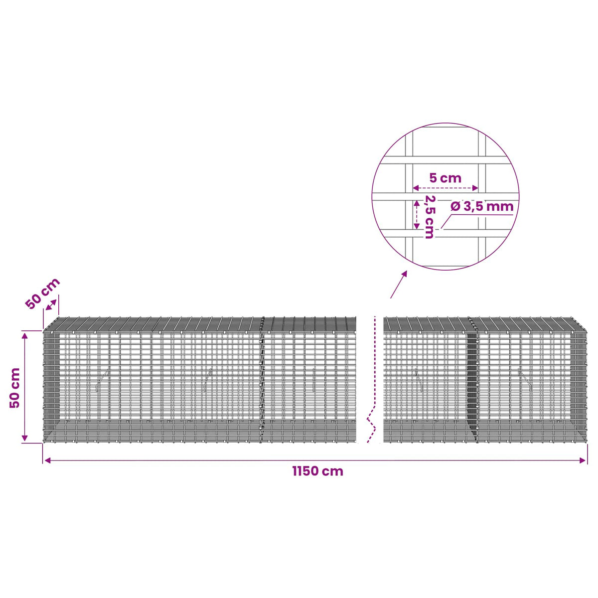 Gabion with 3.5 mm Wire and 5x2.5 cm Mesh 1150x50x50 cm