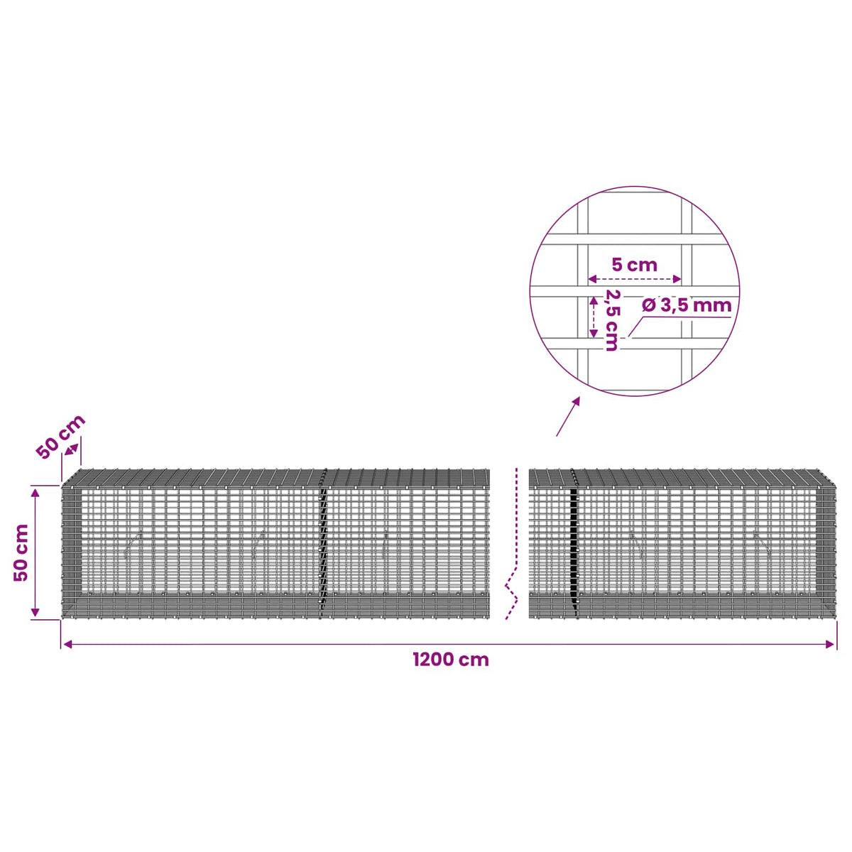 Gabion with 3.5 mm Wire and 5x2.5 cm Mesh 1200x50x50 cm