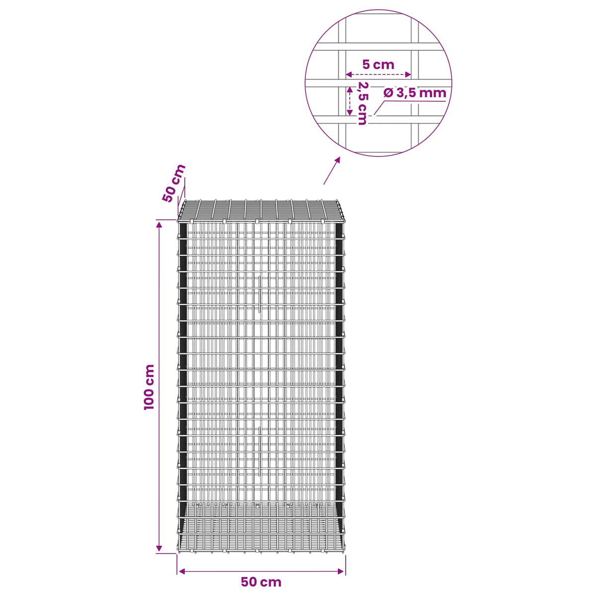 Gabion with 3.5 mm Wire and 5x2.5 cm Mesh 50x50x100 cm