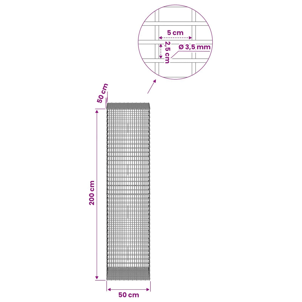 Gabion with 3.5 mm Wire and 5x2.5 cm Mesh 50x50x200 cm