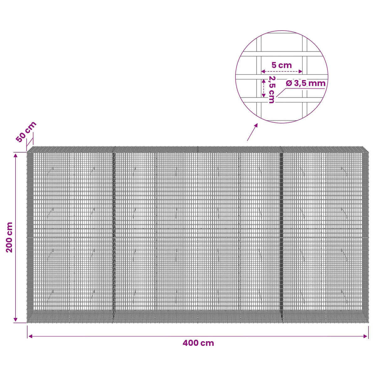 Gabion with 3.5 mm Wire and 5x2.5 cm Mesh 400x50x200 cm