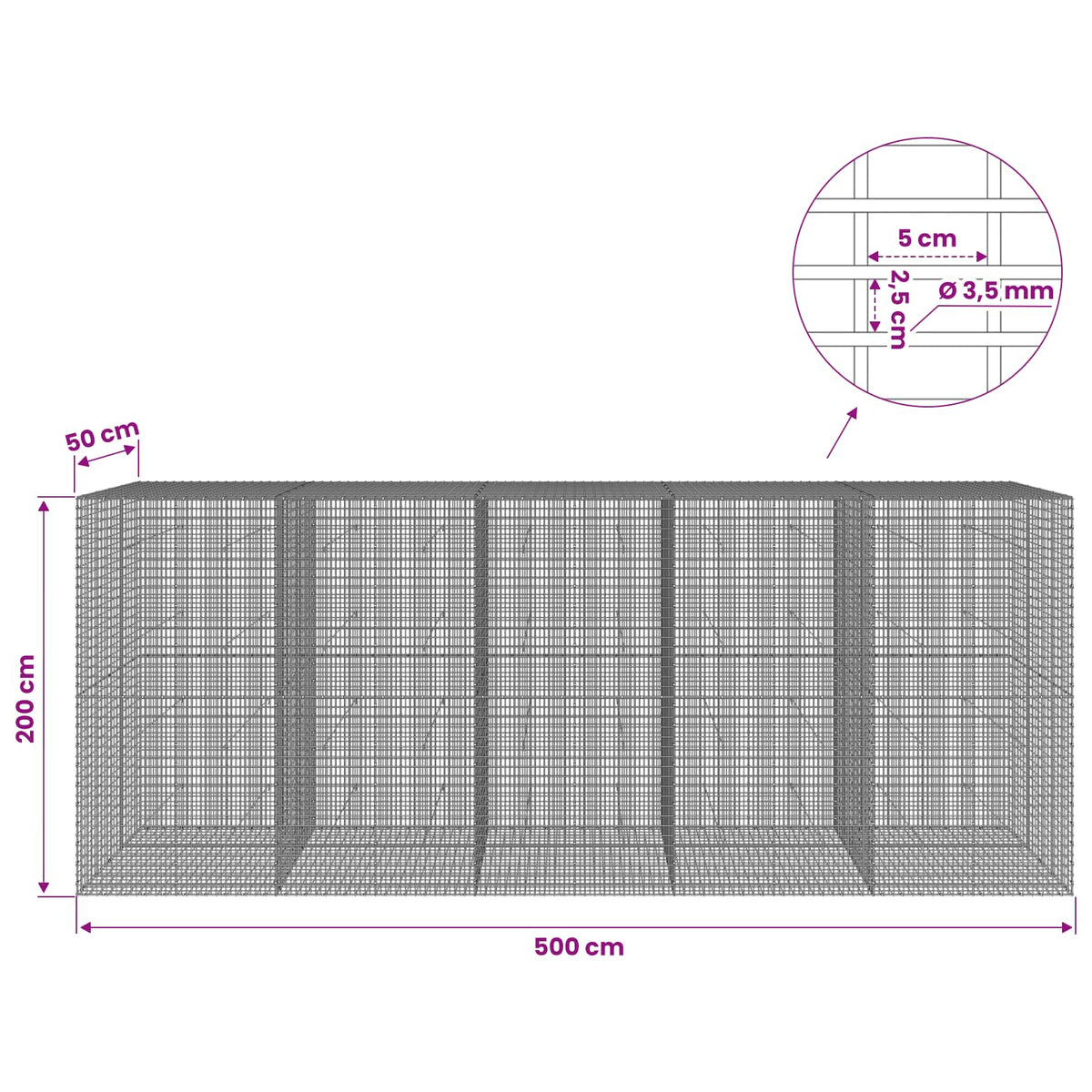 Gabion with 3.5 mm Wire and 5x2.5 cm Mesh 500x50x200 cm