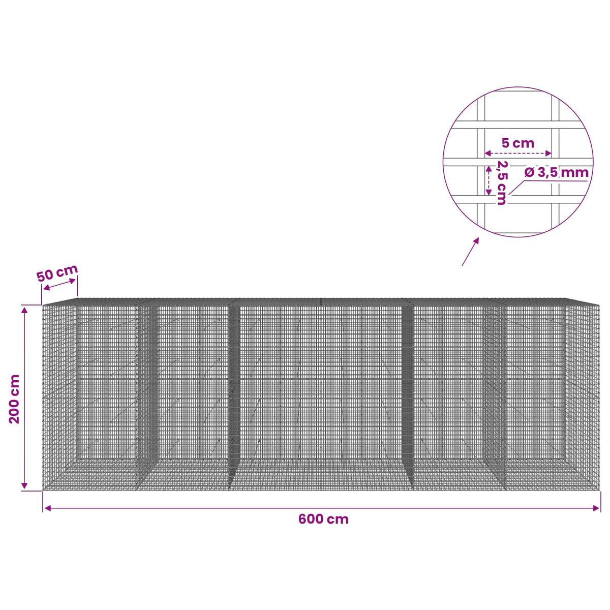 Gabion with 3.5 mm Wire and 5x2.5 cm Mesh 600x50x200 cm