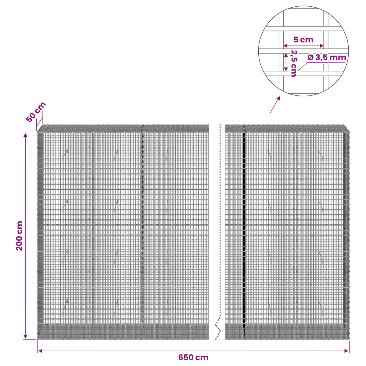 Gabion with 3.5 mm Wire and 5x2.5 cm Mesh 650x50x200 cm