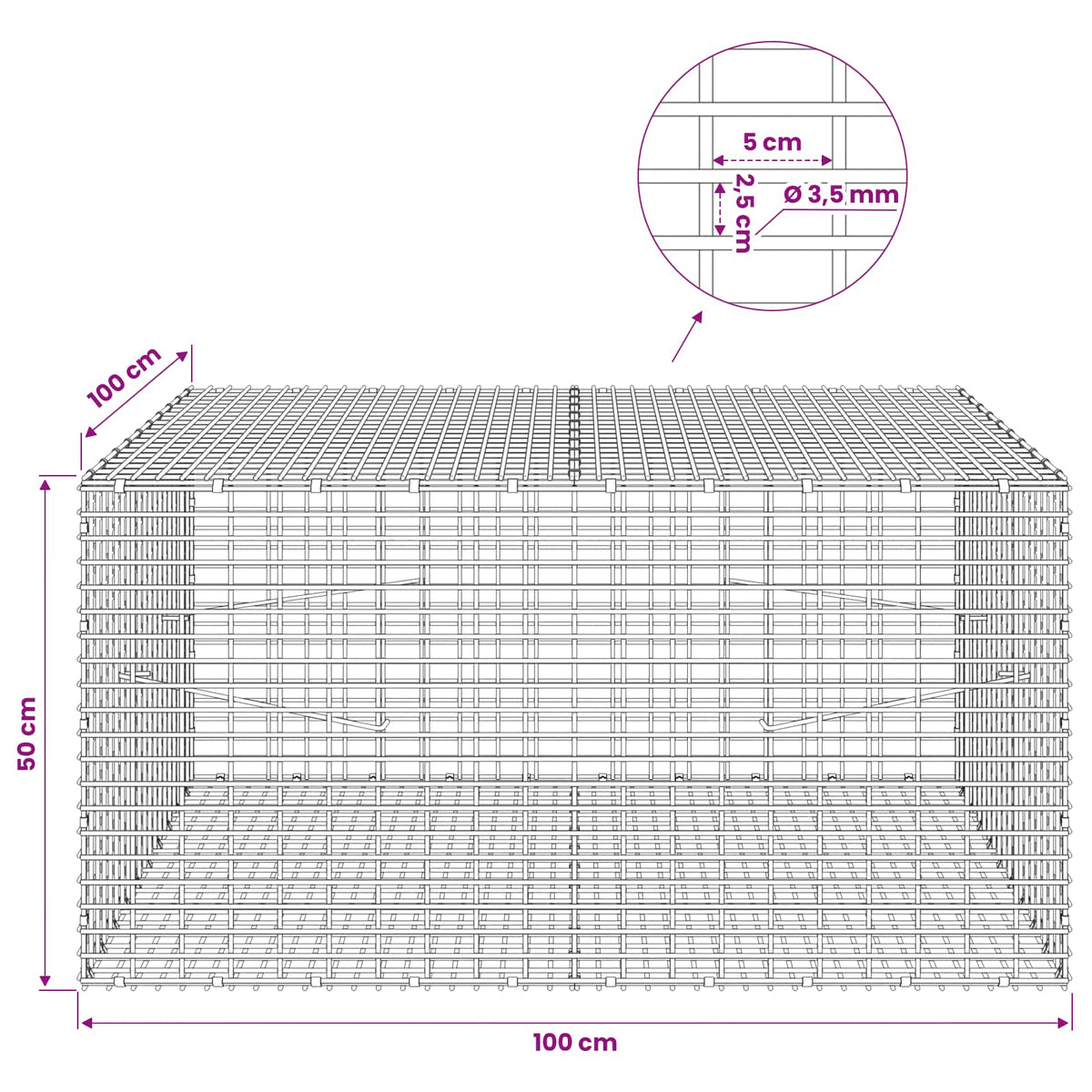 Gabion with 3.5 mm Wire and 5x2.5 cm Mesh 100x100x50 cm