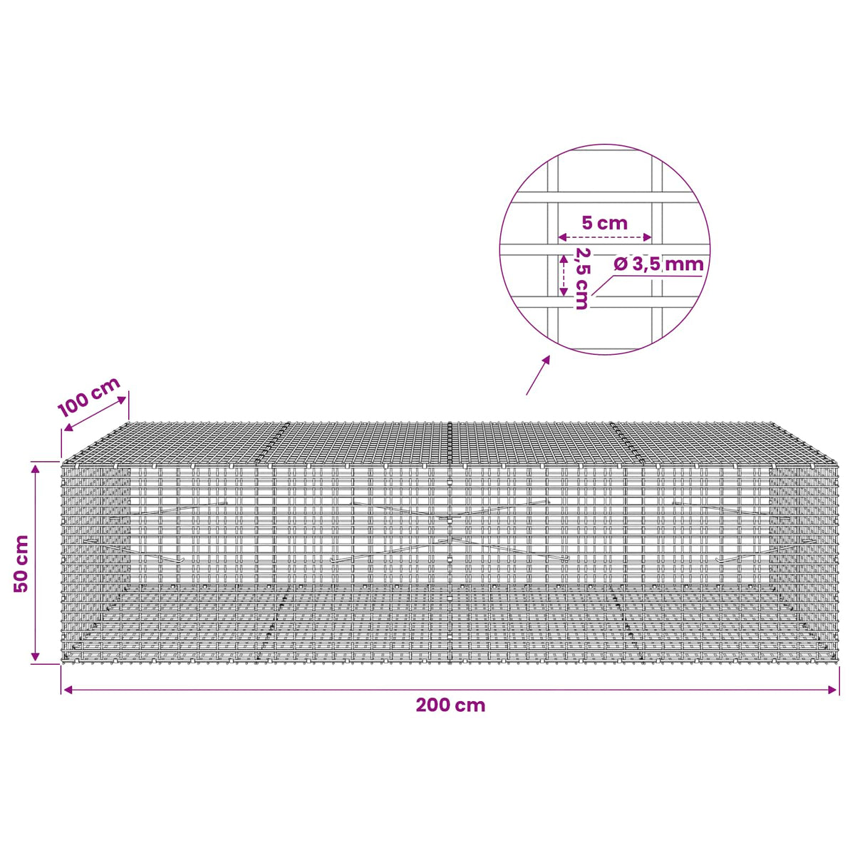 Gabion with 3.5 mm Wire and 5x2.5 cm Mesh 200x100x50 cm