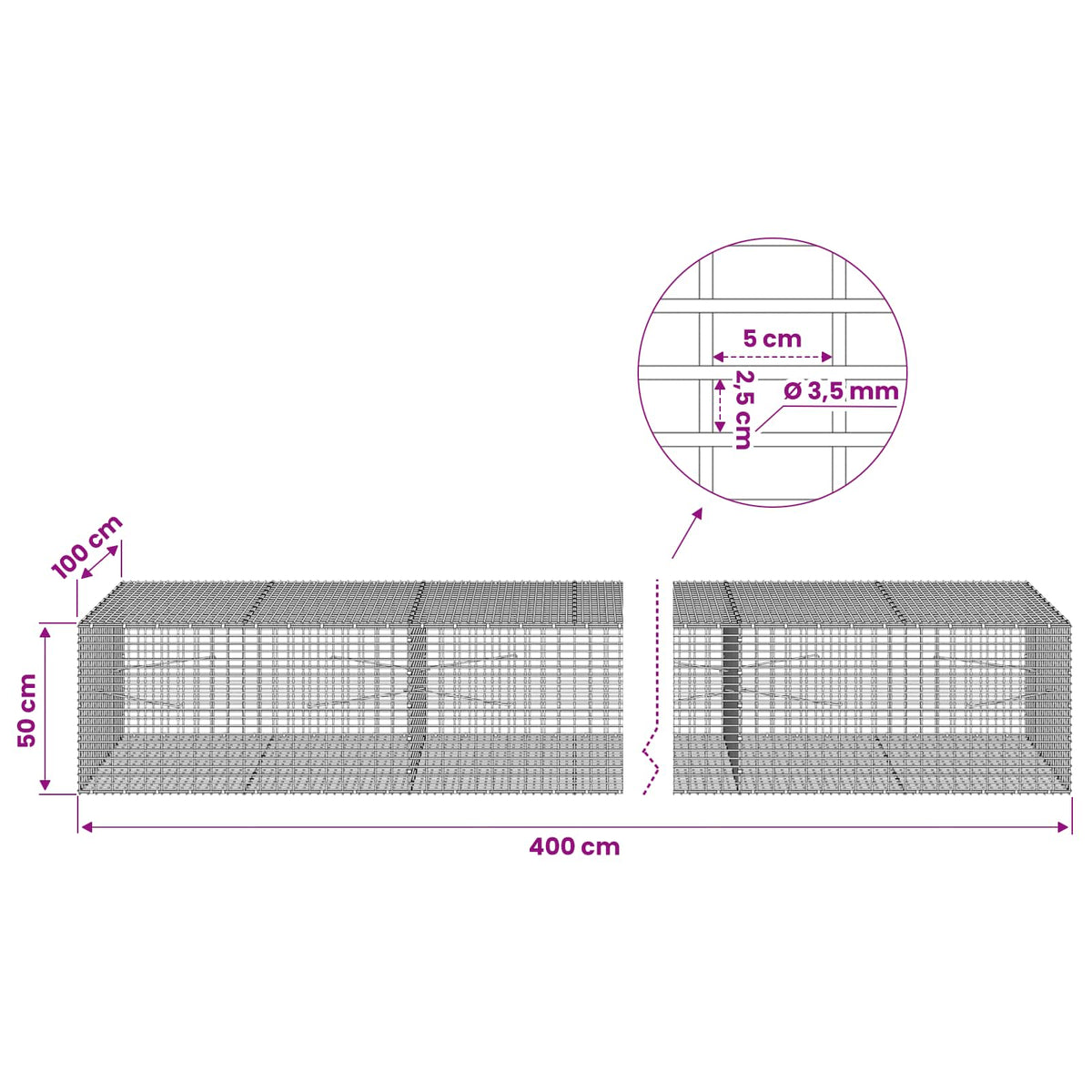 Gabion with 3.5 mm Wire and 5x2.5 cm Mesh 400x100x50 cm