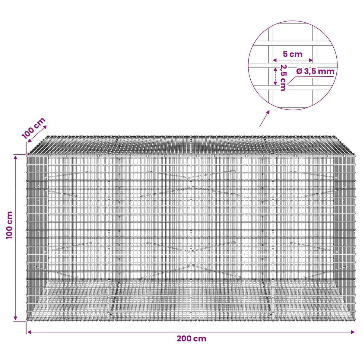 Gabion with 3.5 mm Wire and 5x2.5 cm Mesh 200x100x100 cm