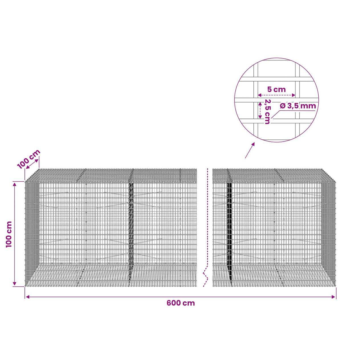 Gabion with 3.5 mm Wire and 5x2.5 cm Mesh 600x100x100 cm