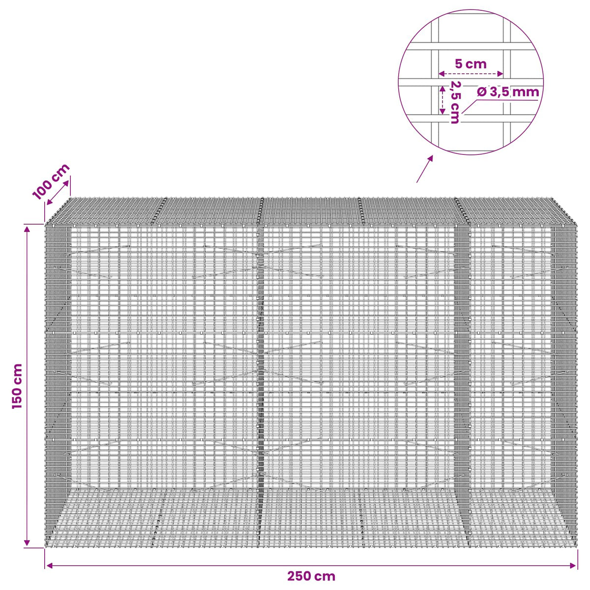 Gabion with 3.5 mm Wire and 5x2.5 cm Mesh 250x100x150 cm