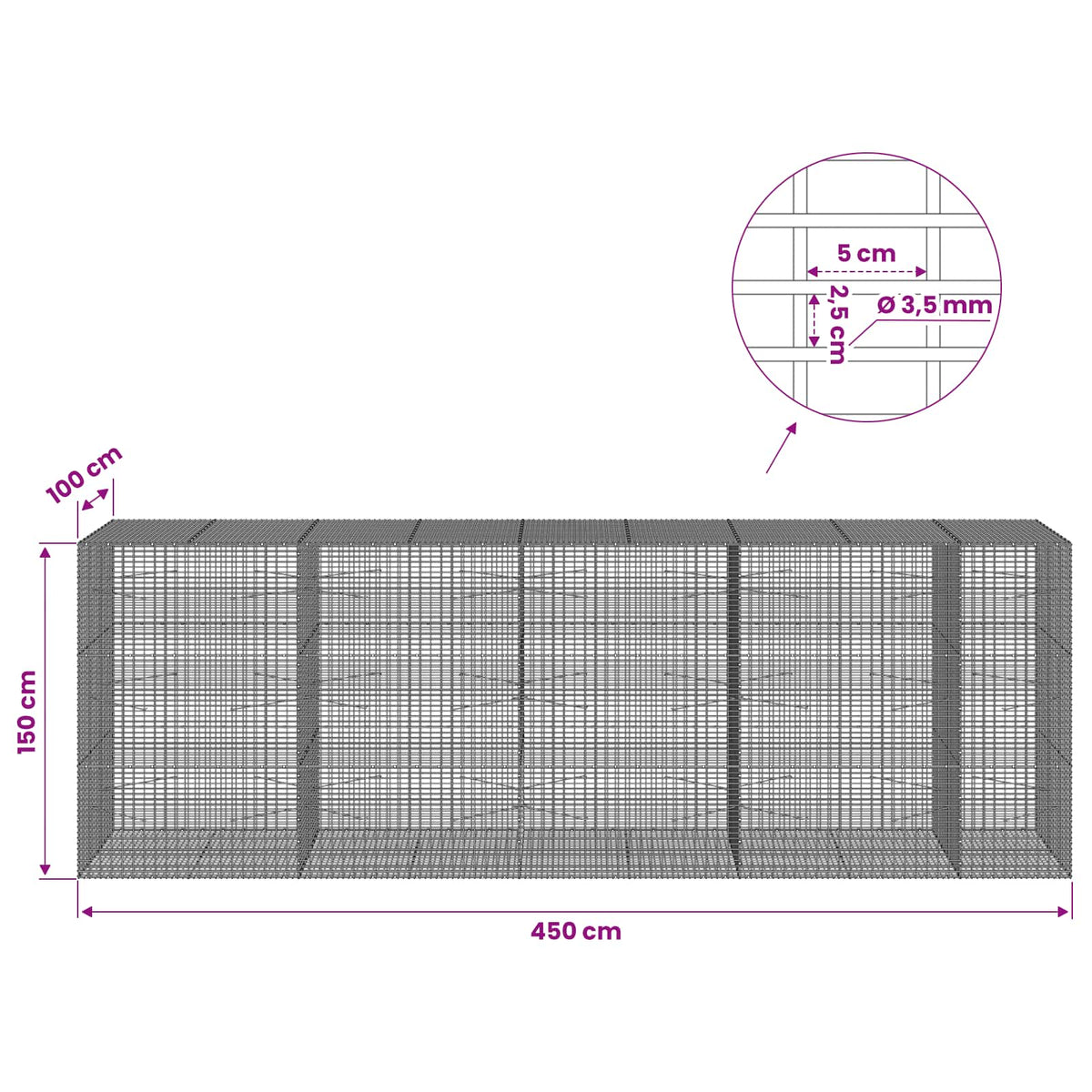 Gabion with 3.5 mm Wire and 5x2.5 cm Mesh 450x100x150 cm