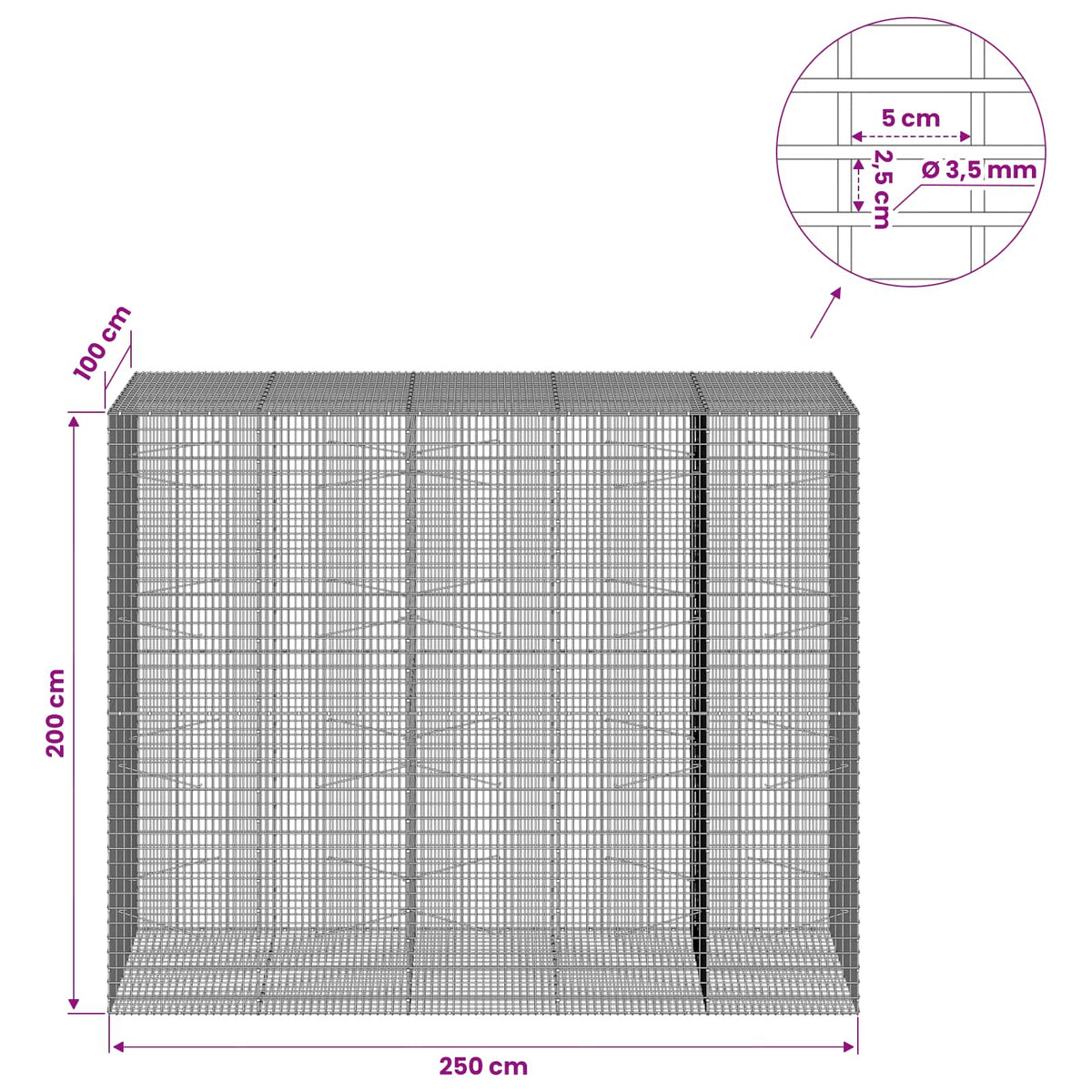 Gabion with 3.5 mm Wire and 5x2.5 cm Mesh 250x100x200 cm