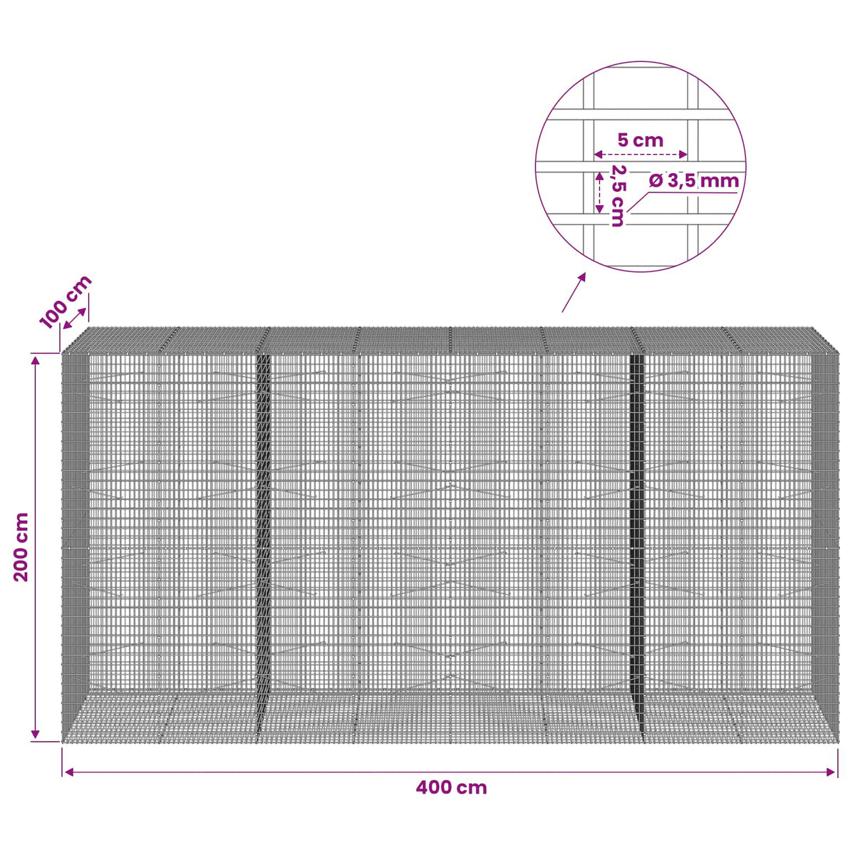 Gabion with 3.5 mm Wire and 5x2.5 cm Mesh 400x100x200 cm
