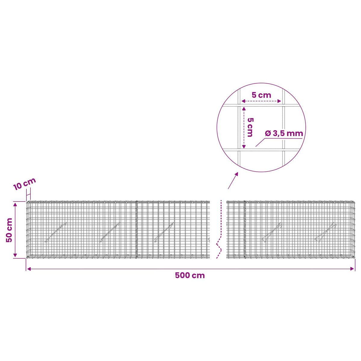 Gabion with 3.5 mm Wire and 5x5 cm Mesh 500x10x50 cm