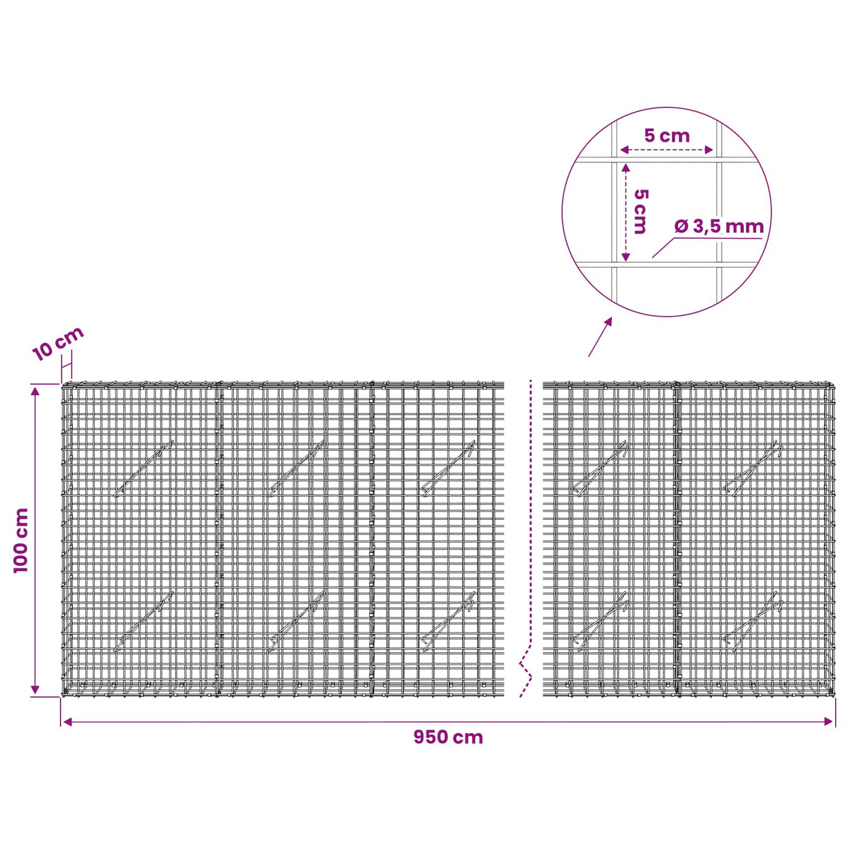 Gabion with 3.5 mm Wire and 5x5 cm Mesh 950x10x100 cm