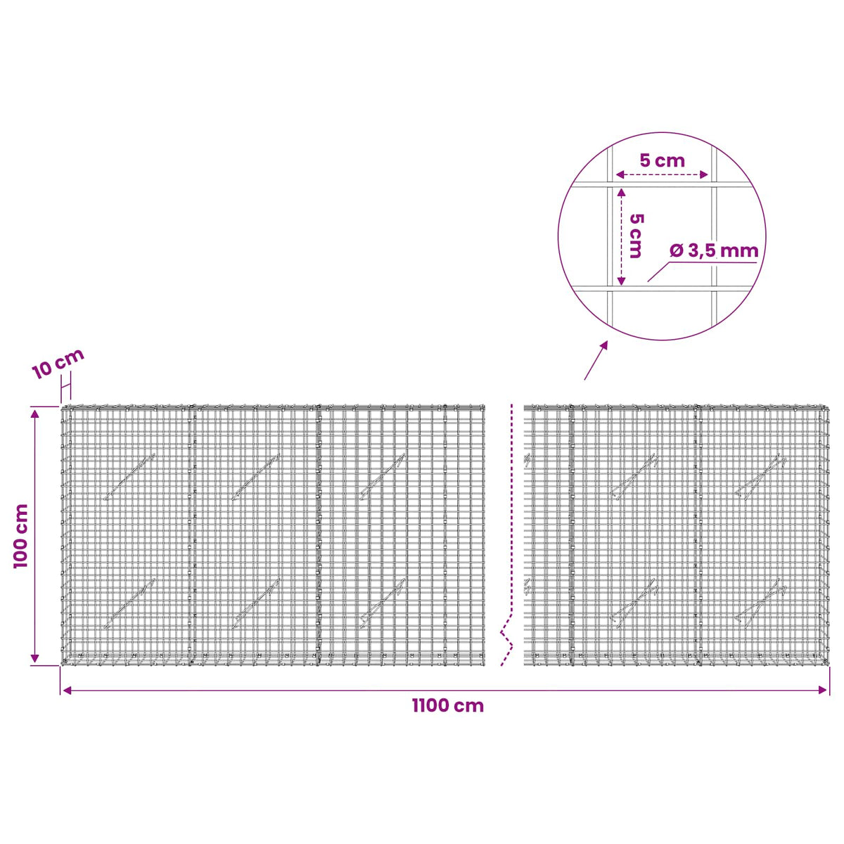 Gabion with 3.5 mm Wire and 5x5 cm Mesh 1100x10x100 cm