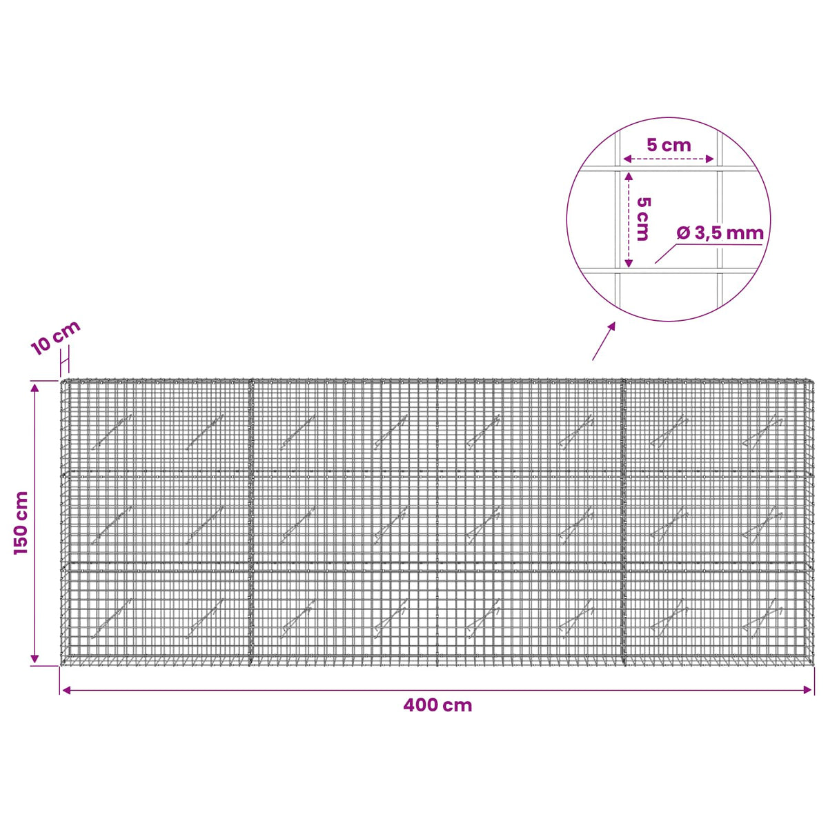 Gabion with 3.5 mm Wire and 5x5 cm Mesh 400x10x150 cm