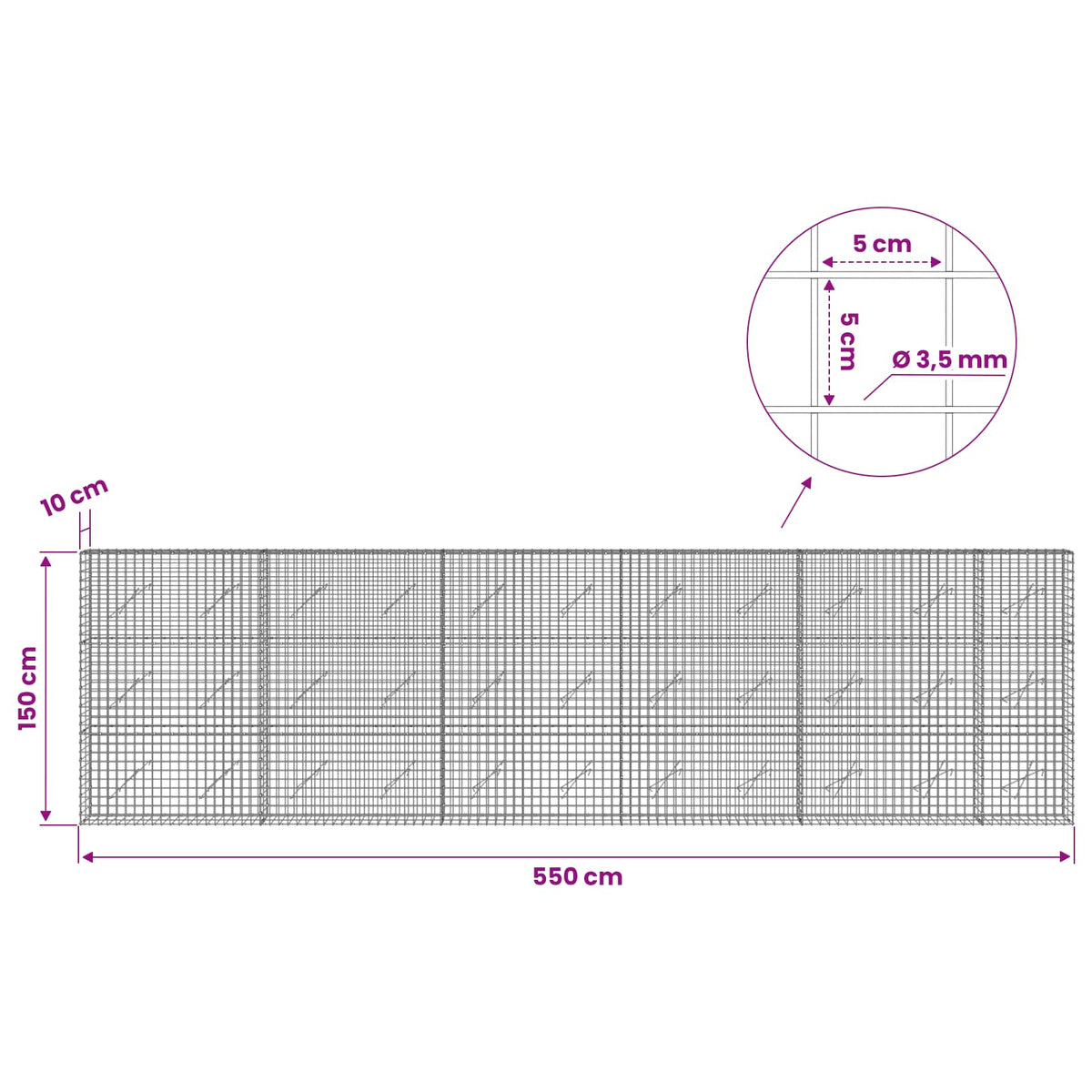 Gabion with 3.5 mm Wire and 5x5 cm Mesh 550x10x150 cm