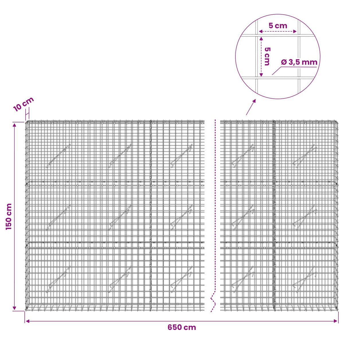 Gabion with 3.5 mm Wire and 5x5 cm Mesh 650x10x150 cm