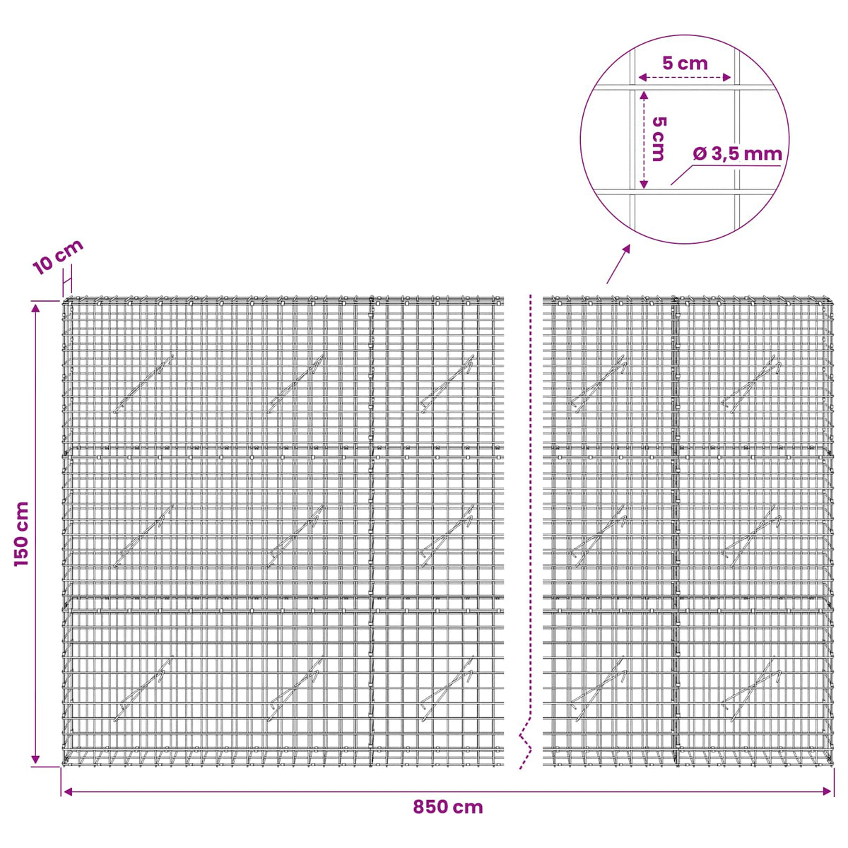 Gabion with 3.5 mm Wire and 5x5 cm Mesh 850x10x150 cm