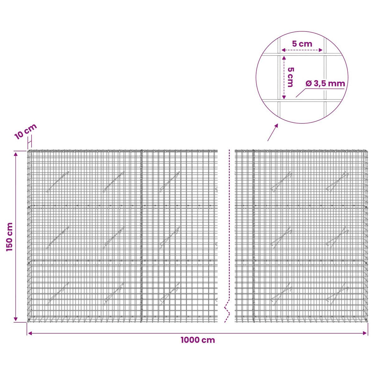 Gabion with 3.5 mm Wire and 5x5 cm Mesh 1000x10x150 cm