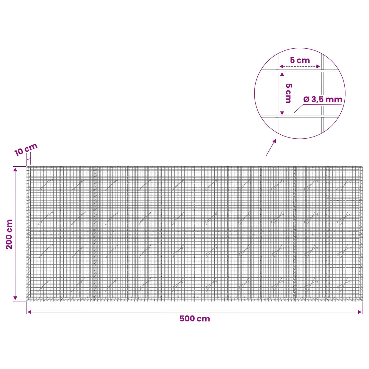 Gabion with 3.5 mm Wire and 5x5 cm Mesh 500x10x200 cm