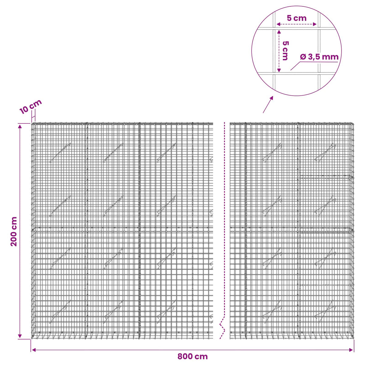 Gabion with 3.5 mm Wire and 5x5 cm Mesh 800x10x200 cm