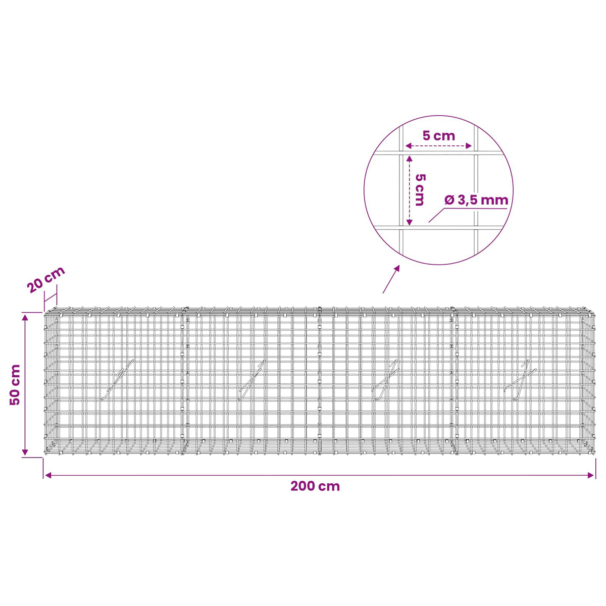 Gabion with 3.5 mm Wire and 5x5 cm Mesh 200x20x50 cm