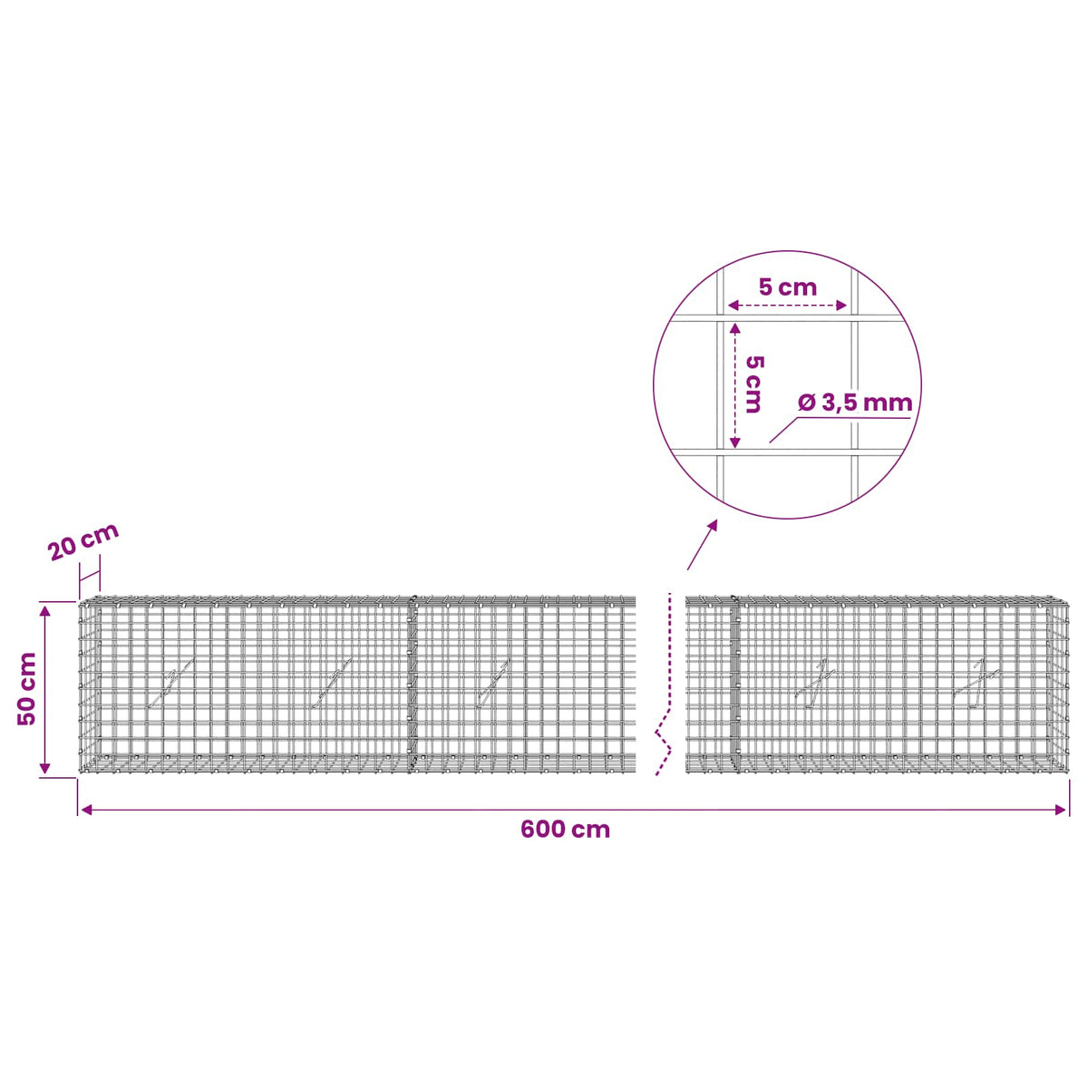 Gabion with 3.5 mm Wire and 5x5 cm Mesh 600x20x50 cm