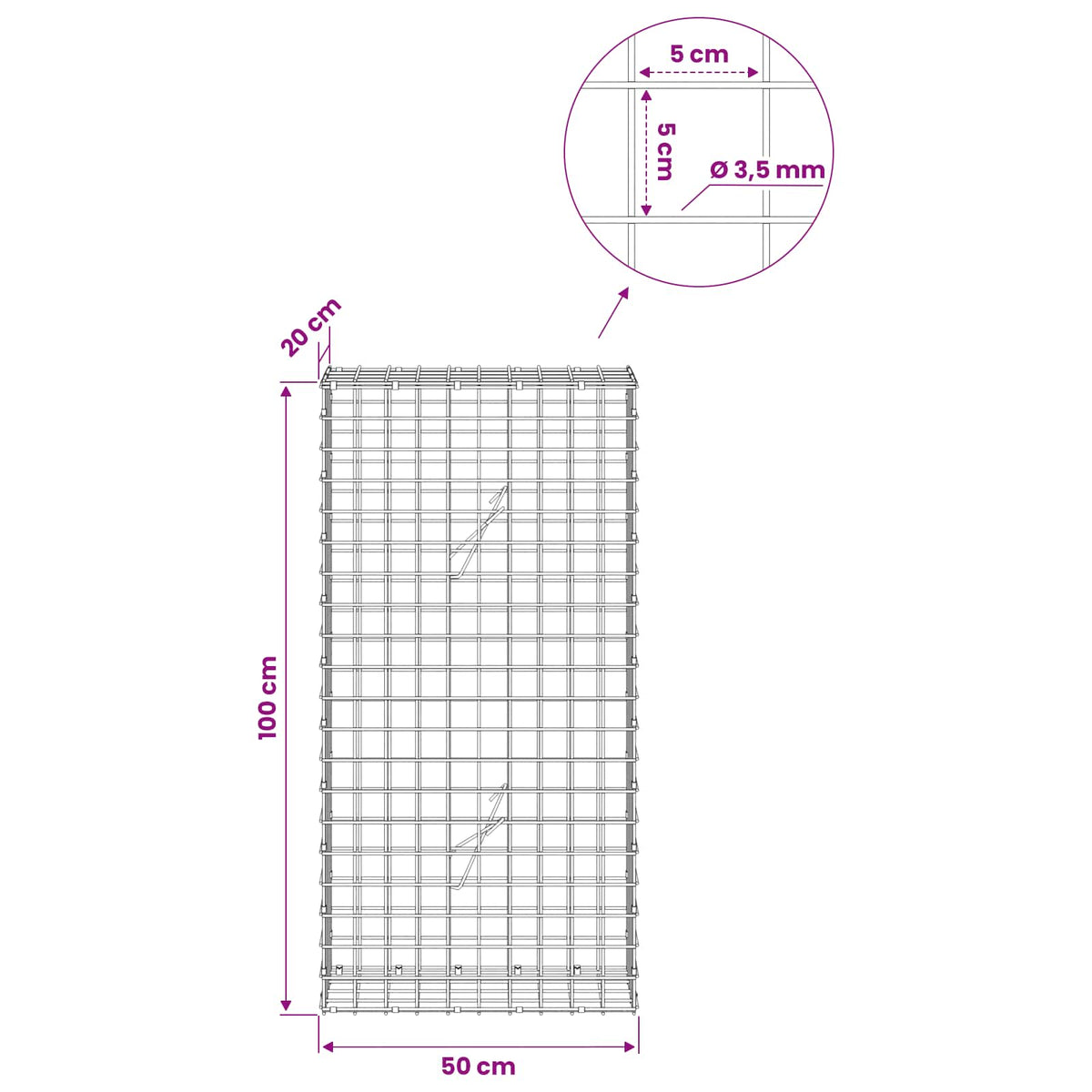 Gabion with 3.5 mm Wire and 5x5 cm Mesh 50x20x100 cm