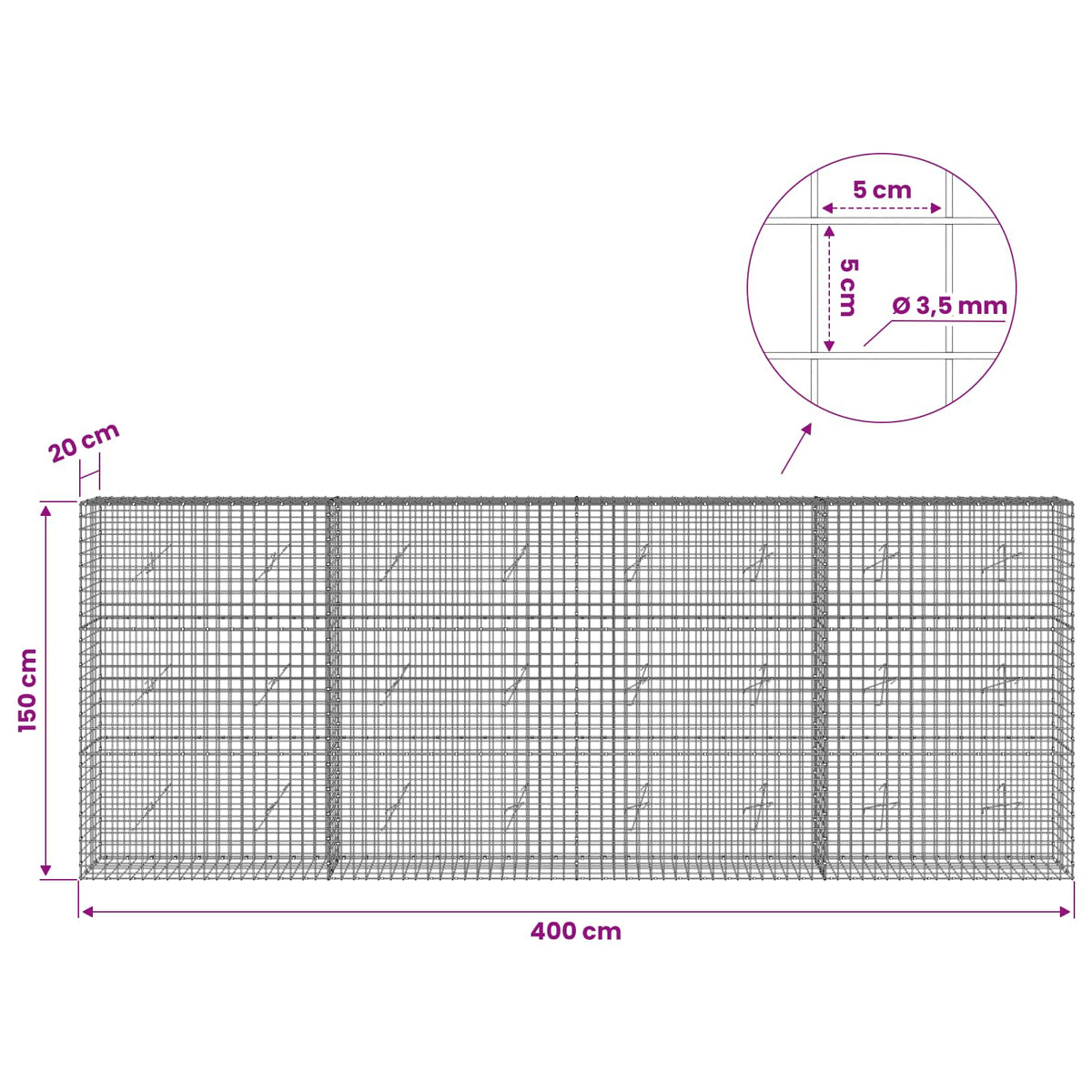 Gabion with 3.5 mm Wire and 5x5 cm Mesh 400x20x150 cm