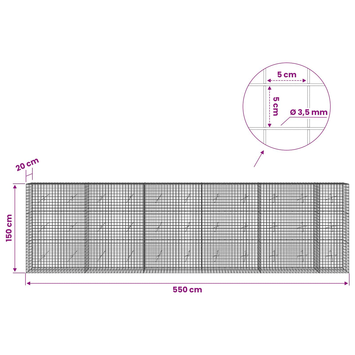 Gabion with 3.5 mm Wire and 5x5 cm Mesh 550x20x150 cm