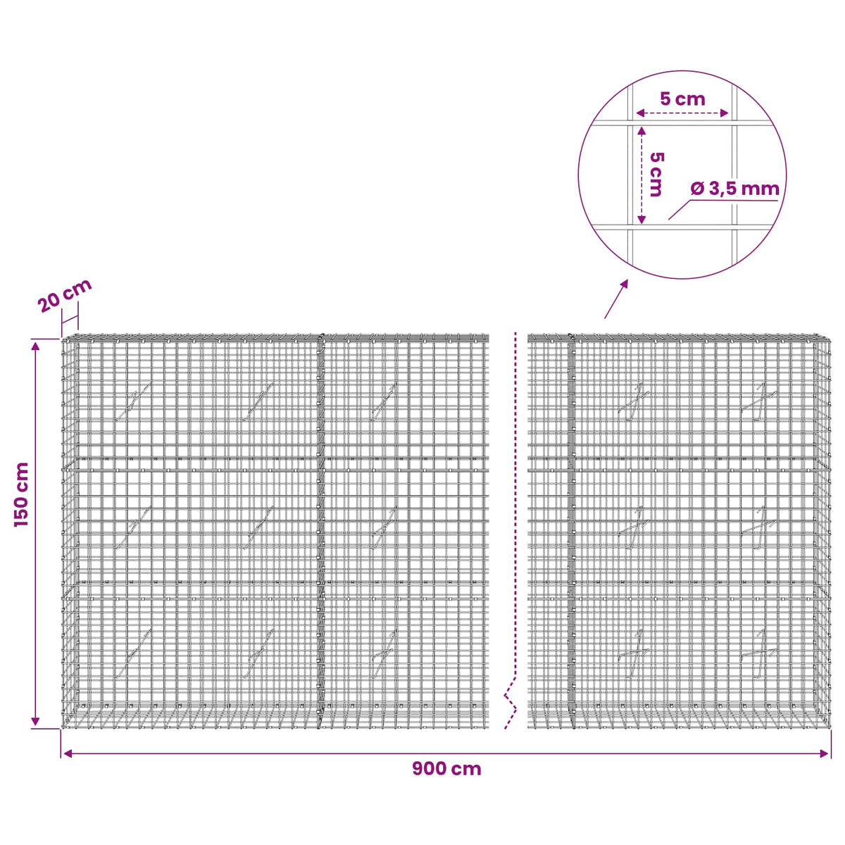 Gabion with 3.5 mm Wire and 5x5 cm Mesh 900x20x150 cm