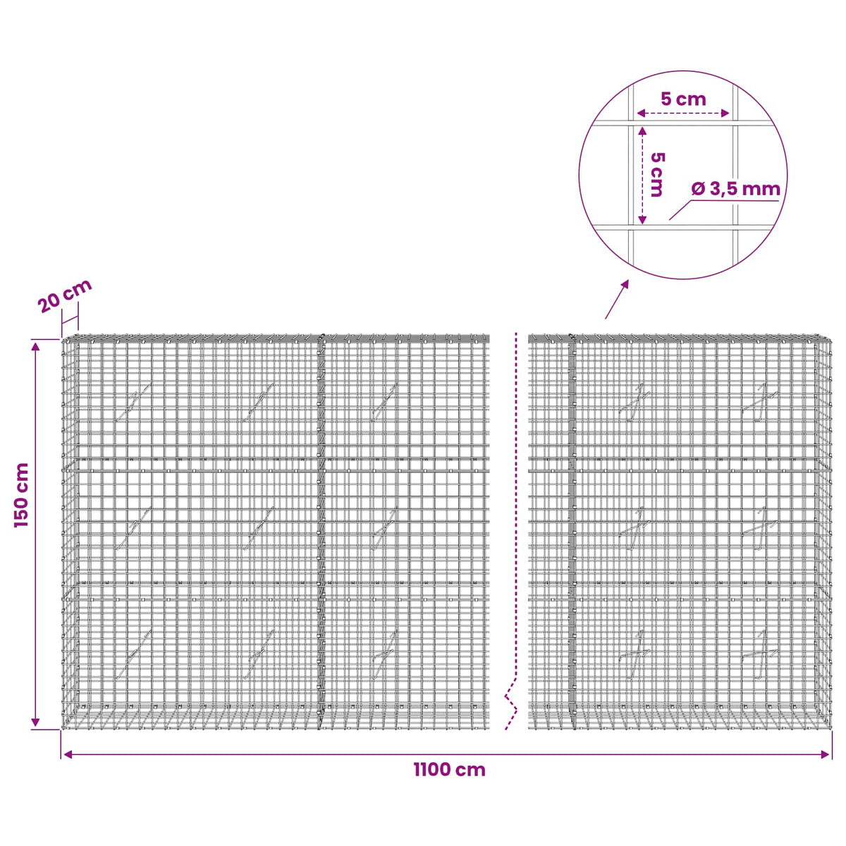 Gabion with 3.5 mm Wire and 5x5 cm Mesh 1100x20x150 cm