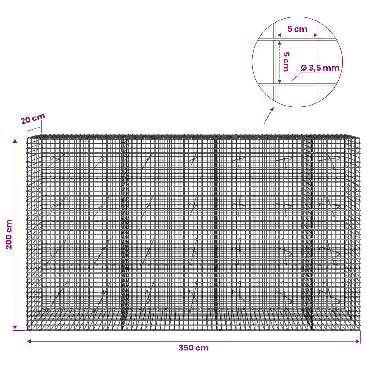 Gabion with 3.5 mm Wire and 5x5 cm Mesh 350x20x200 cm