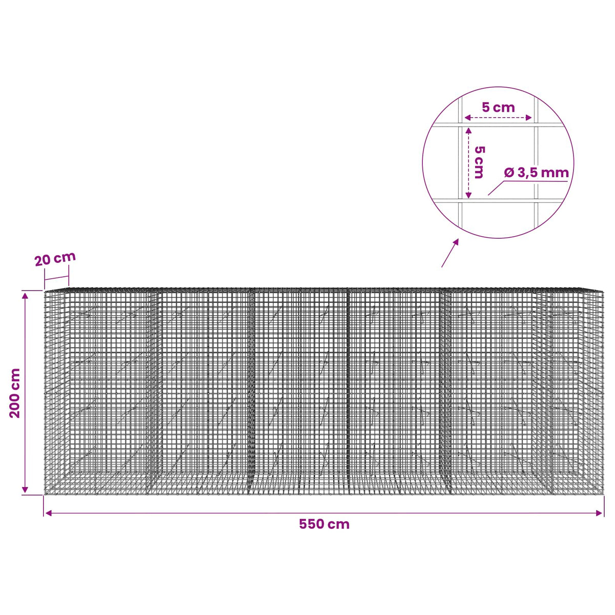 Gabion with 3.5 mm Wire and 5x5 cm Mesh 550x20x200 cm