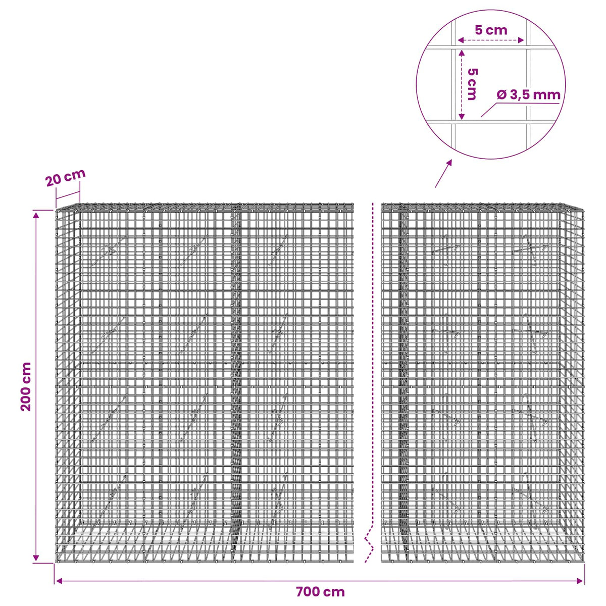 Gabion with 3.5 mm Wire and 5x5 cm Mesh 700x20x200 cm