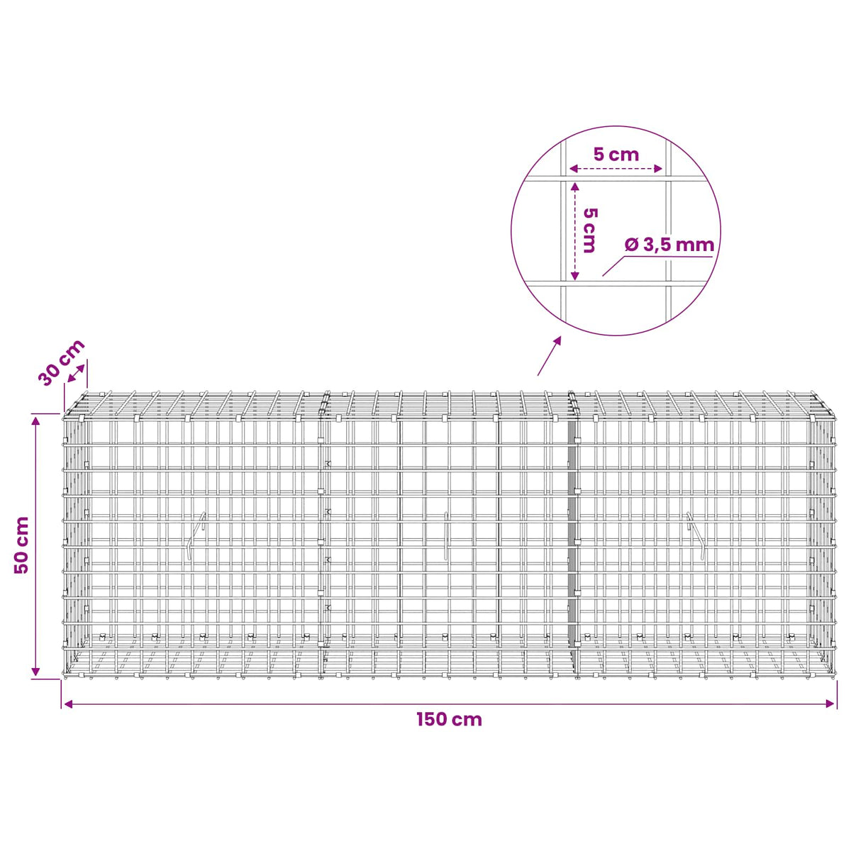 Gabion with 3.5 mm Wire and 5x5 cm Mesh 150x30x50 cm
