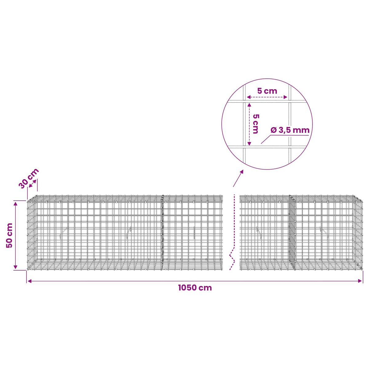 Gabion with 3.5 mm Wire and 5x5 cm Mesh 1050x30x50 cm
