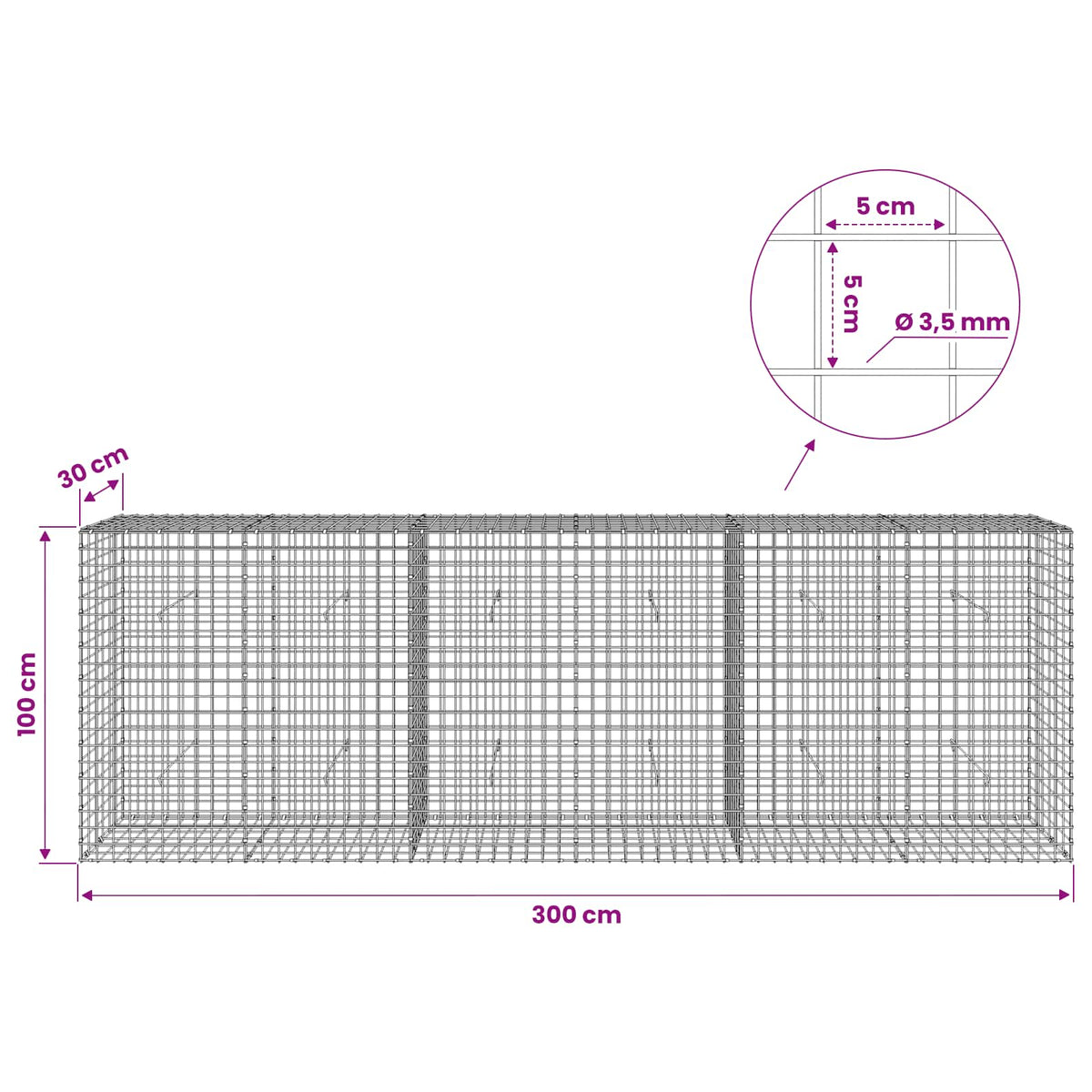 Gabion with 3.5 mm Wire and 5x5 cm Mesh 300x30x100 cm