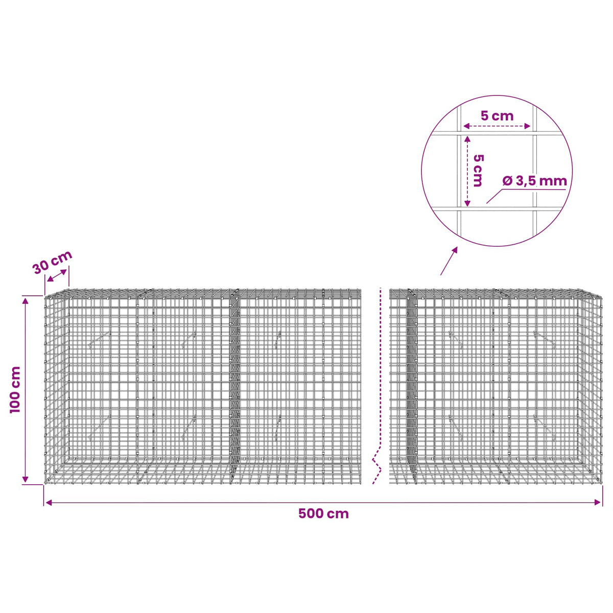 Gabion with 3.5 mm Wire and 5x5 cm Mesh 500x30x100 cm