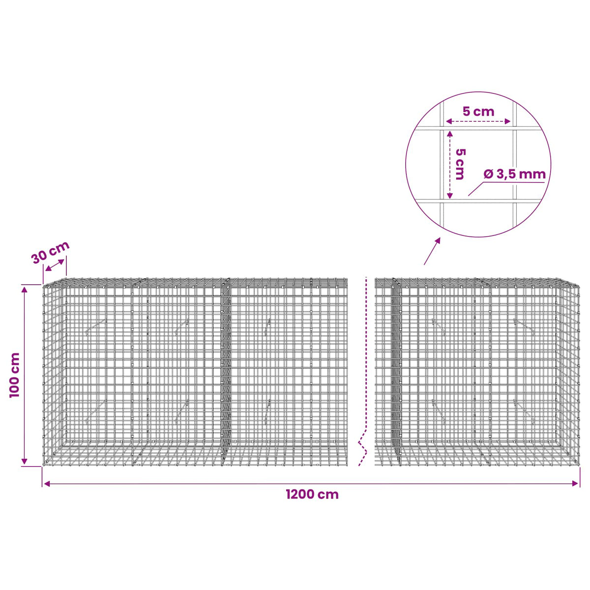 Gabion with 3.5 mm Wire and 5x5 cm Mesh 1200x30x100 cm