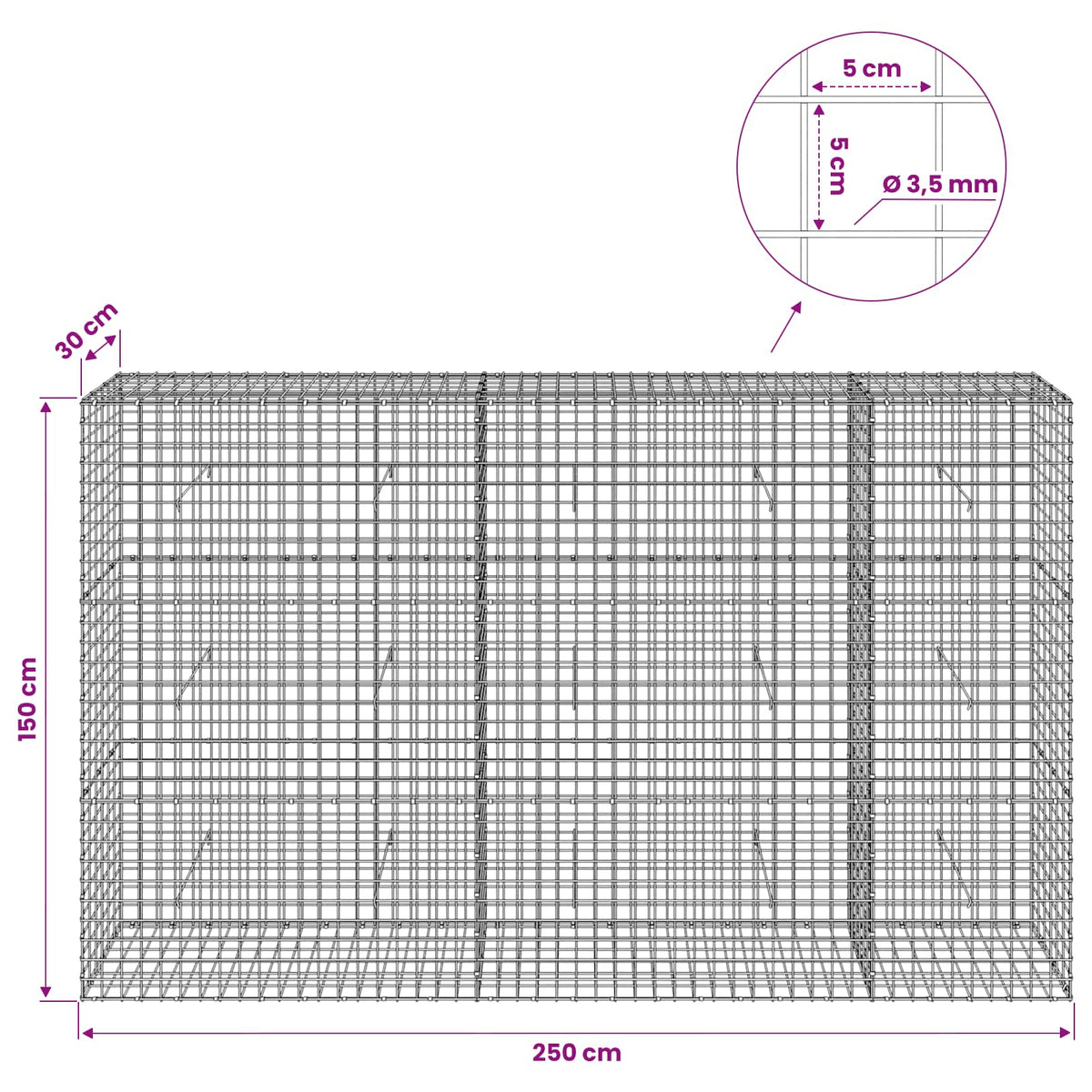 Gabion with 3.5 mm Wire and 5x5 cm Mesh 250x30x150 cm
