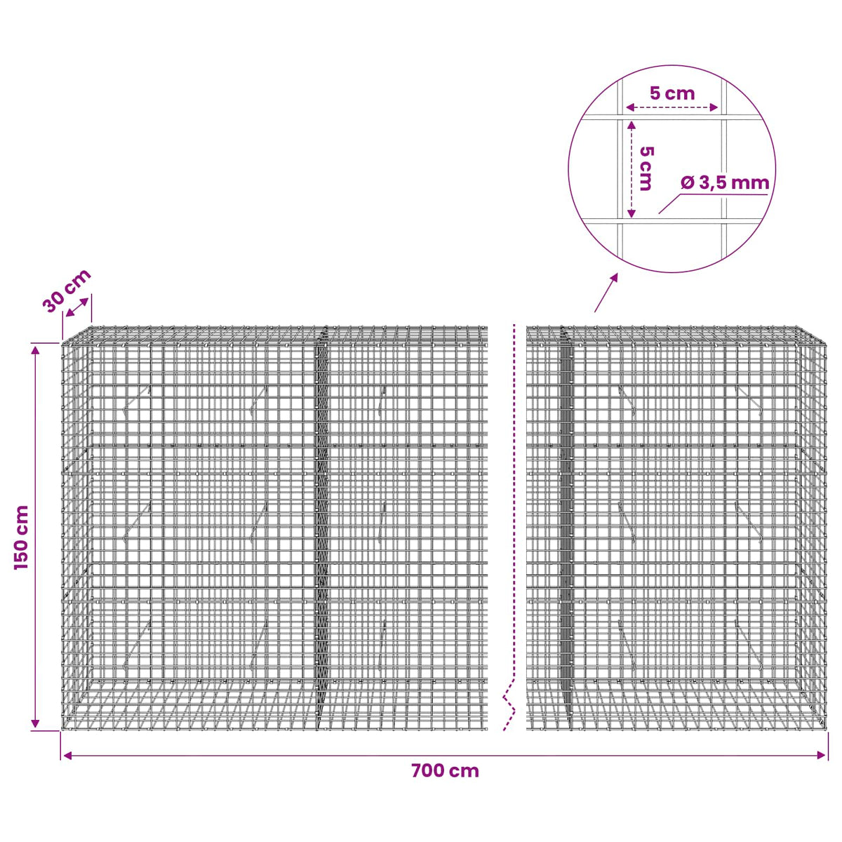 Gabion with 3.5 mm Wire and 5x5 cm Mesh 700x30x150 cm