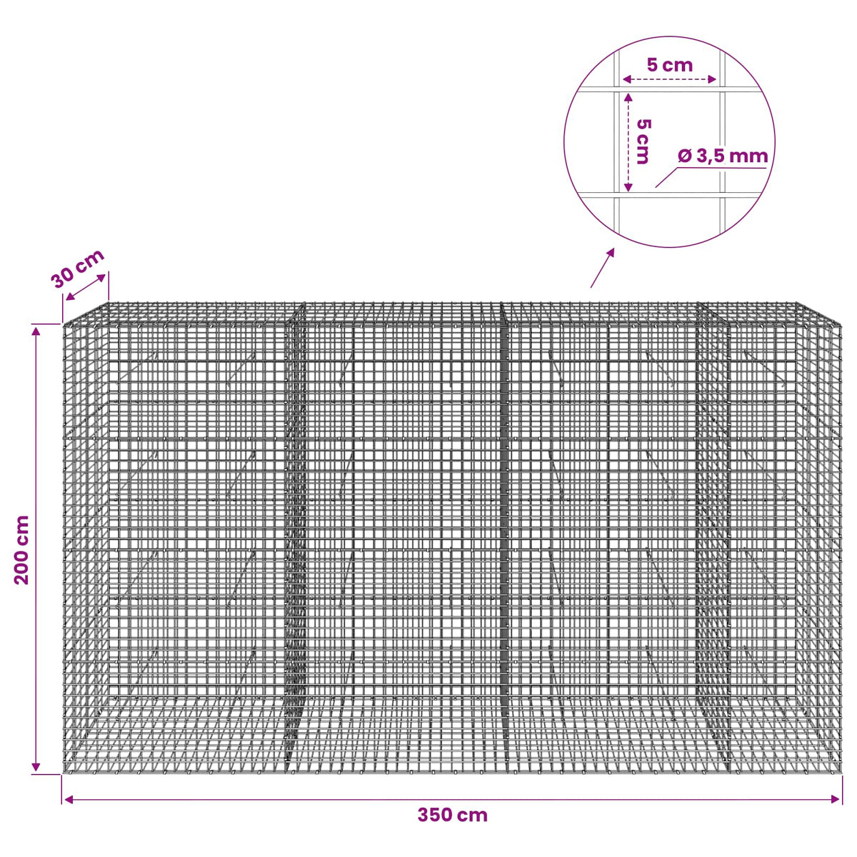 Gabion with 3.5 mm Wire and 5x5 cm Mesh 350x30x200 cm
